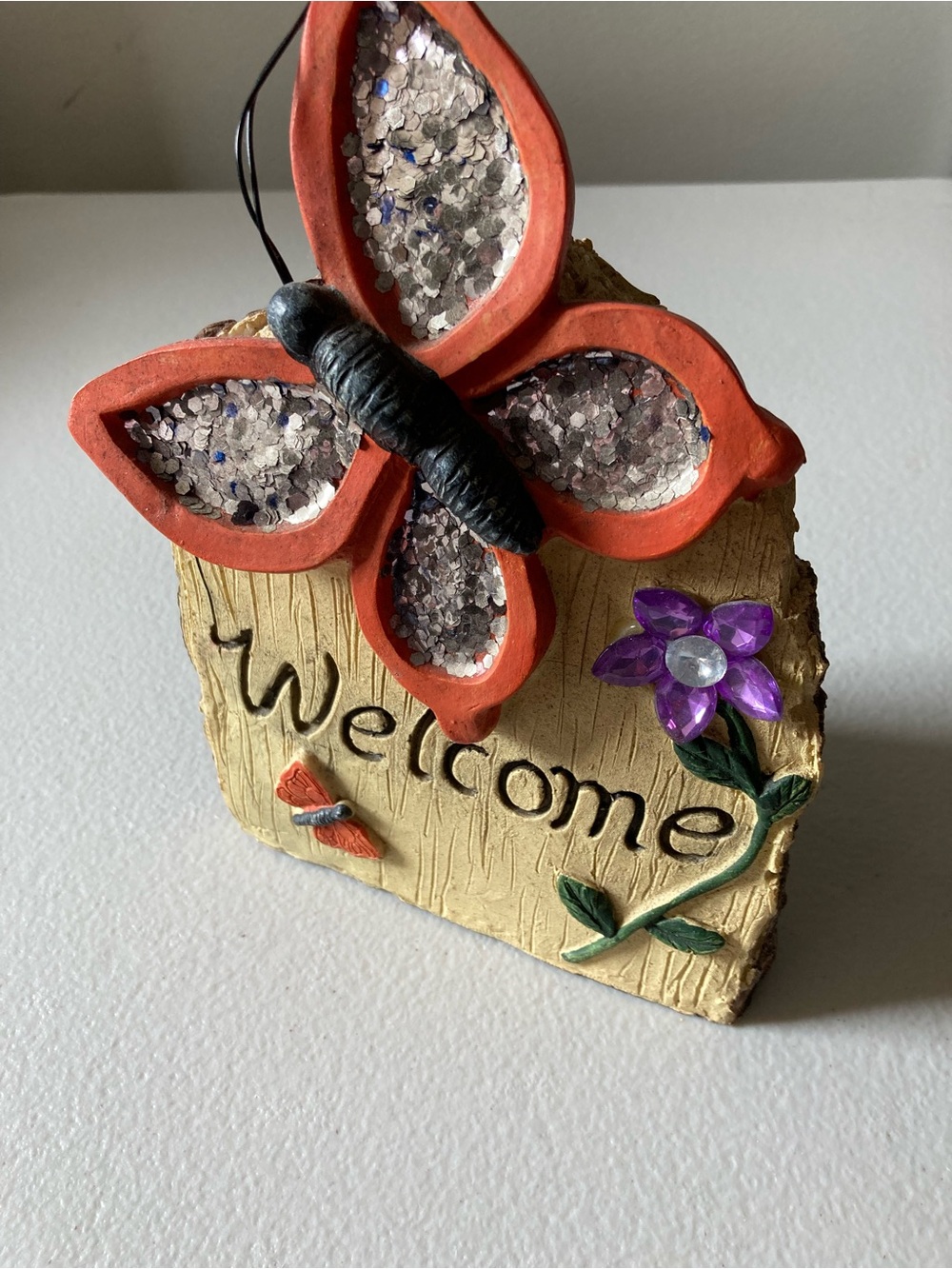 Welcome Sign Decoration Home & Garden Butterfly on Tree Over 7” Tall